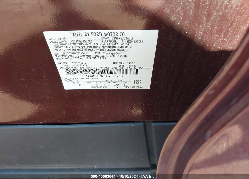 2010 FORD TAURUS SEL VIN: 1FAHP2EW6AG113263