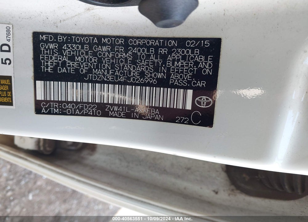 2015 TOYOTA PRIUS V FIVE/FOUR/THREE/TWO VIN: JTDZN3EU4FJ026996