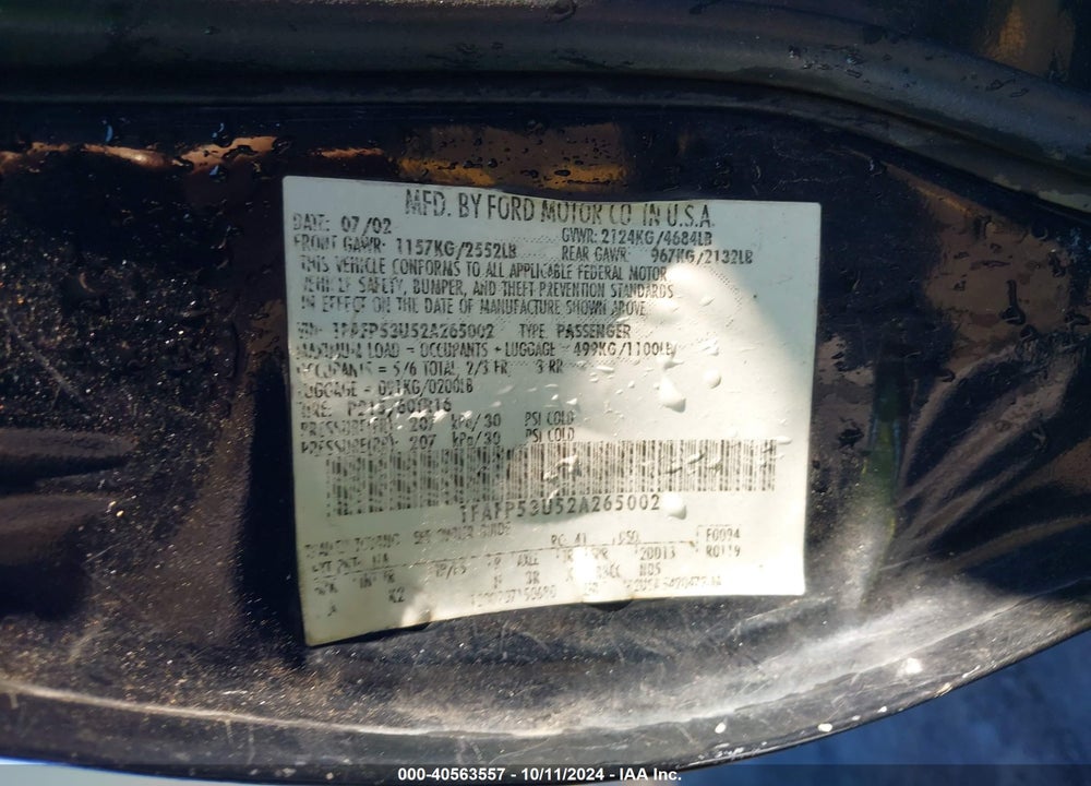2002 FORD TAURUS SE VIN: 1FAFP53U52A265002