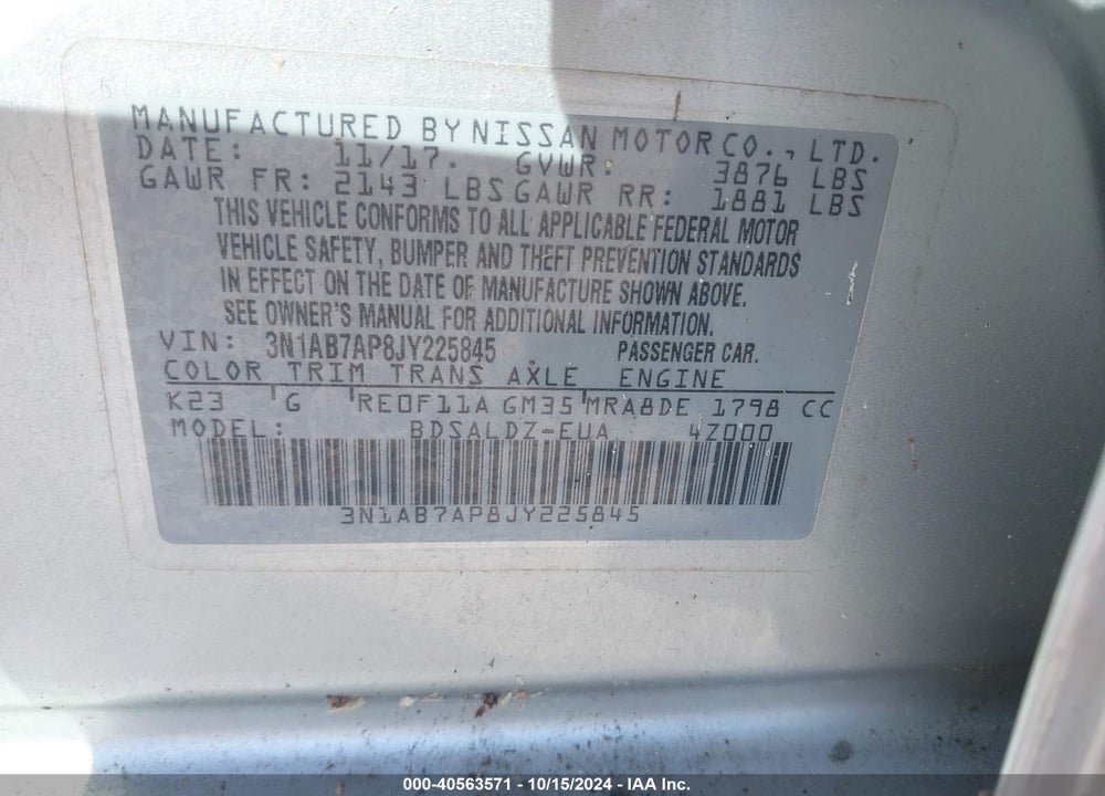 2018 NISSAN SENTRA SV VIN: 3N1AB7AP8JY225845