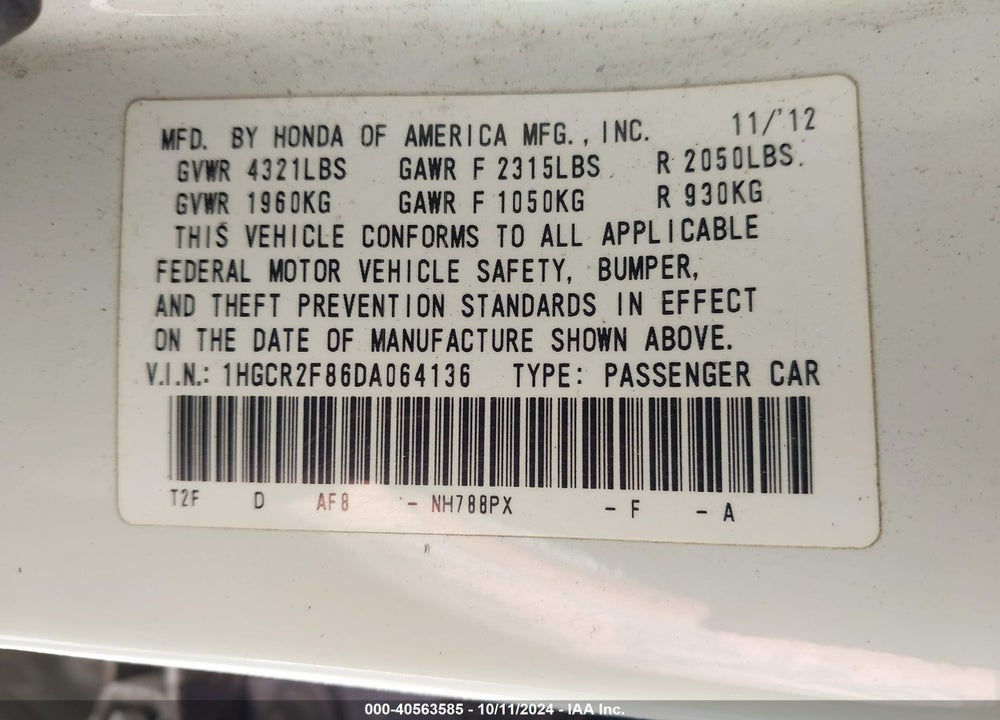 2013 HONDA ACCORD EX-L VIN: 1HGCR2F86DA064136