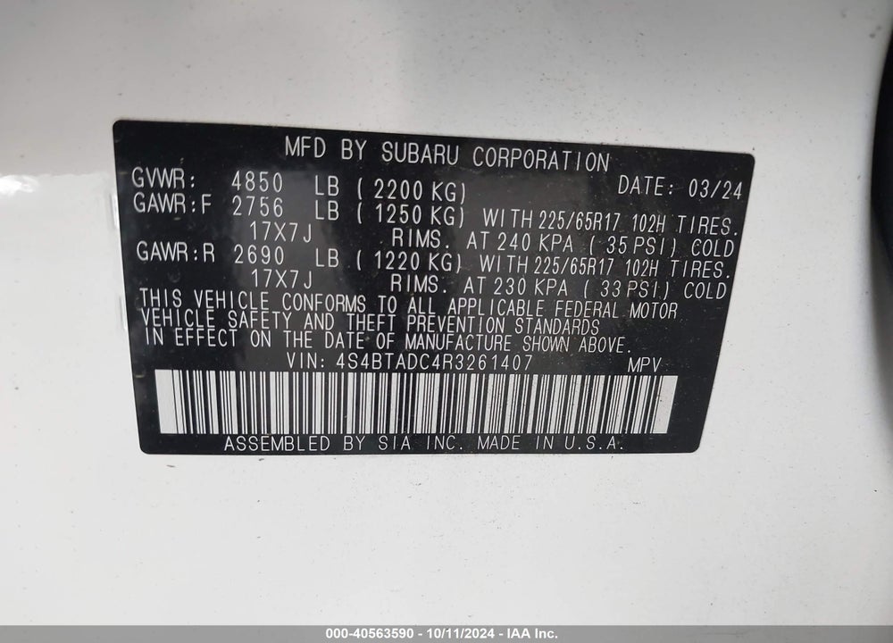 2024 SUBARU OUTBACK PREMIUM VIN: 4S4BTADC4R3261407