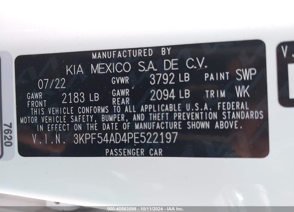2023 KIA FORTE GT LINE VIN: 3KPF54AD4PE522197