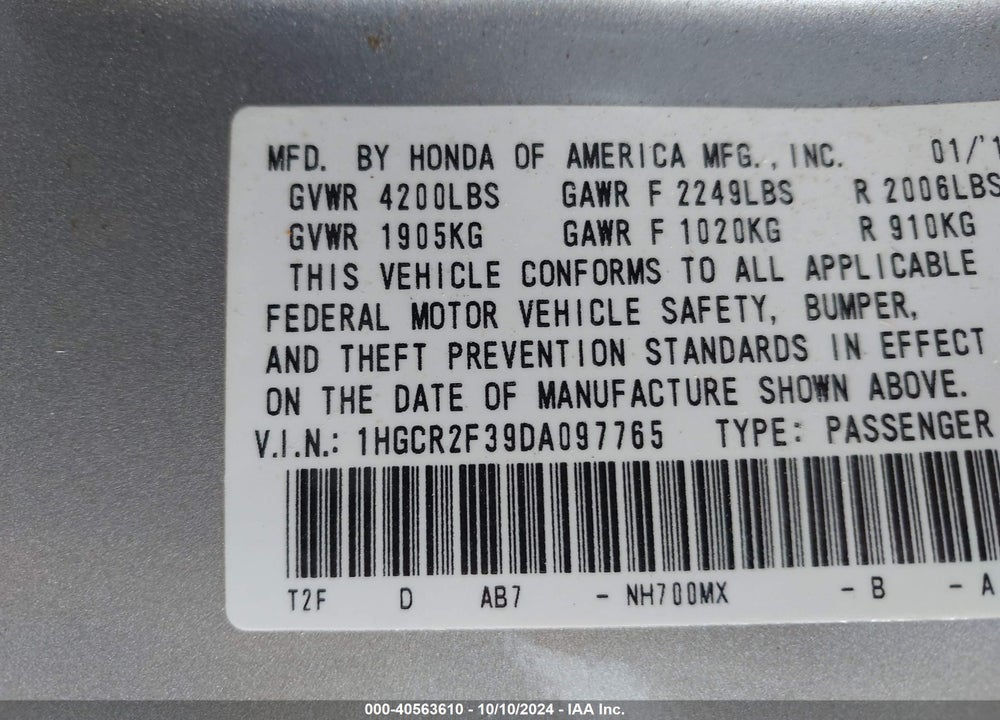 2013 HONDA ACCORD LX VIN: 1HGCR2F39DA097765
