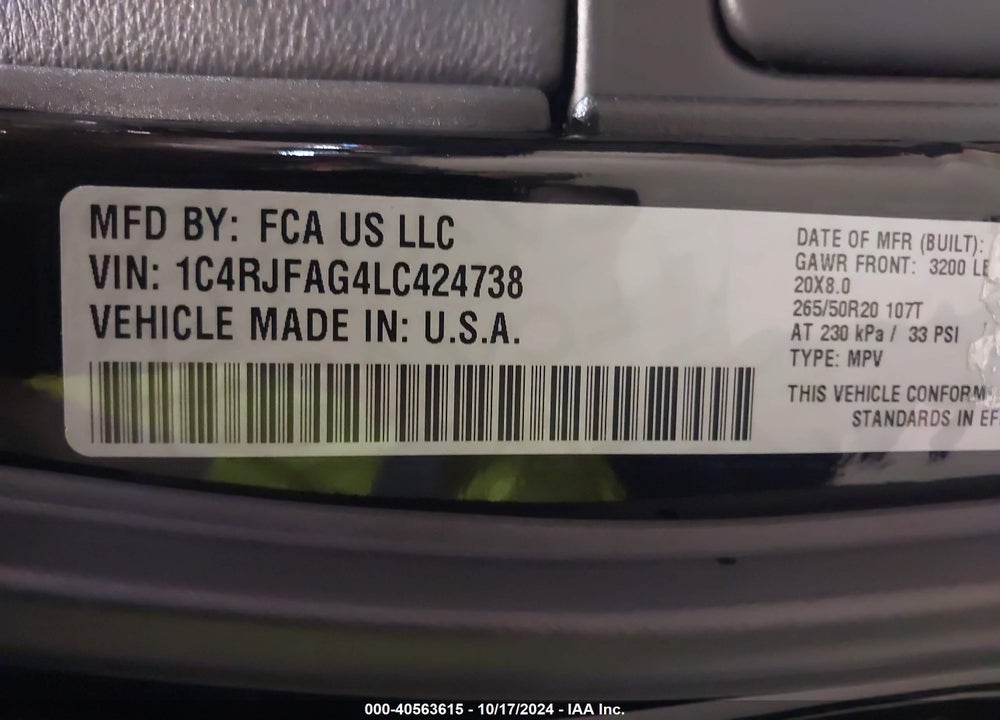 2020 JEEP GRAND CHEROKEE ALTITUDE 4X4 VIN: 1C4RJFAG4LC424738