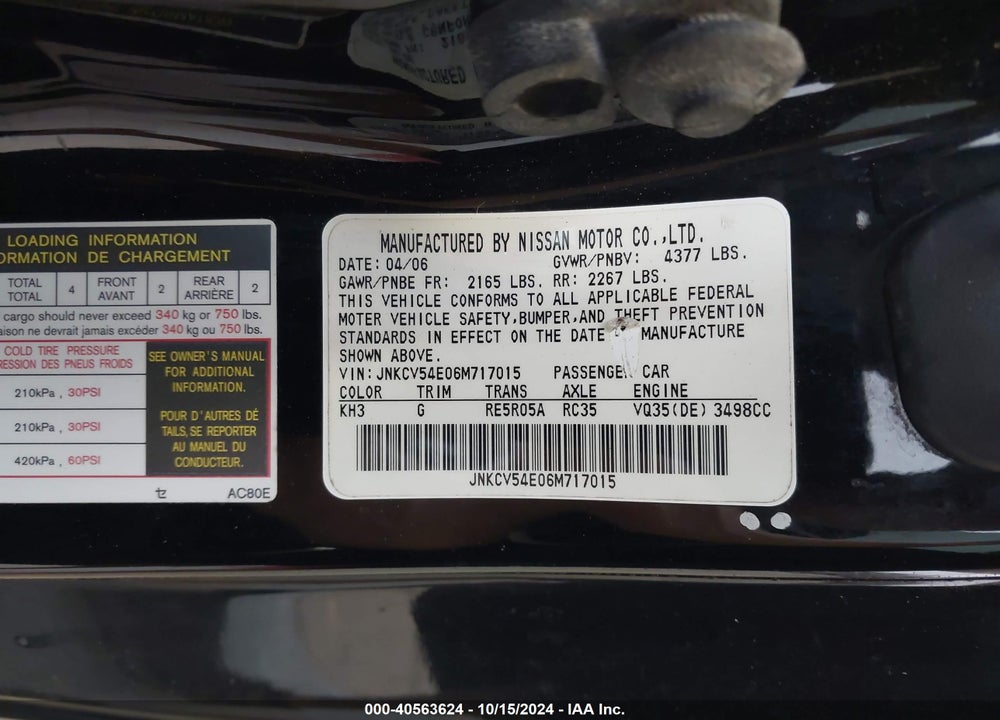 2006 INFINITI G35 VIN: JNKCV54E06M717015