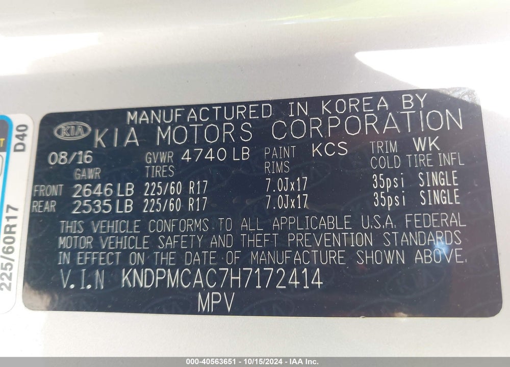 2017 KIA SPORTAGE LX VIN: KNDPMCAC7H7172414