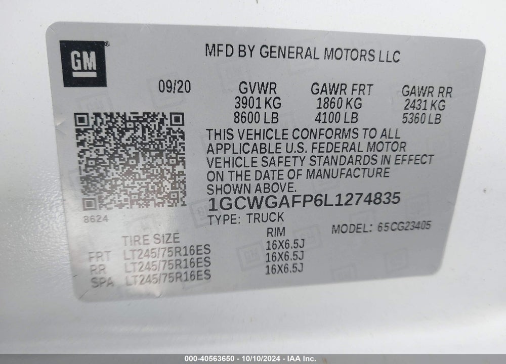 2020 CHEVROLET EXPRESS CARGO RWD 2500 REGULAR WHEELBASE WT VIN: 1GCWGAFP6L1274835
