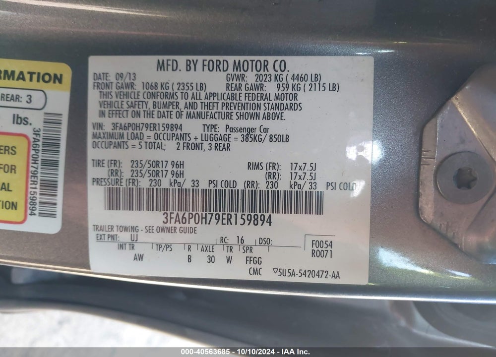 2014 FORD FUSION SE VIN: 3FA6P0H79ER159894