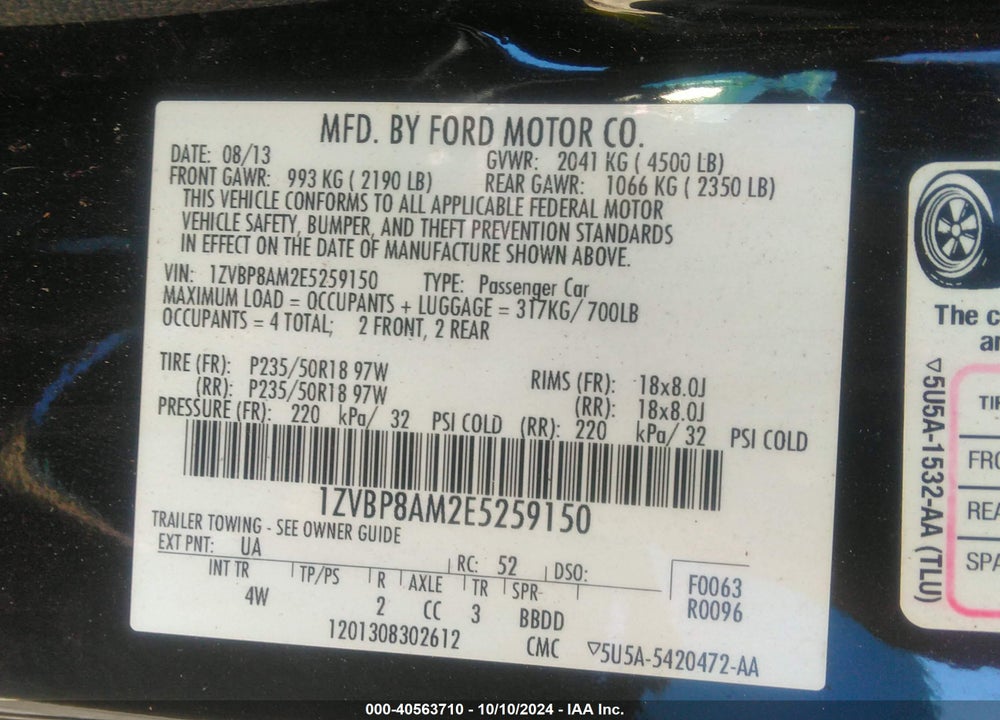 2014 FORD MUSTANG V6 PREMIUM VIN: 1ZVBP8AM2E5259150