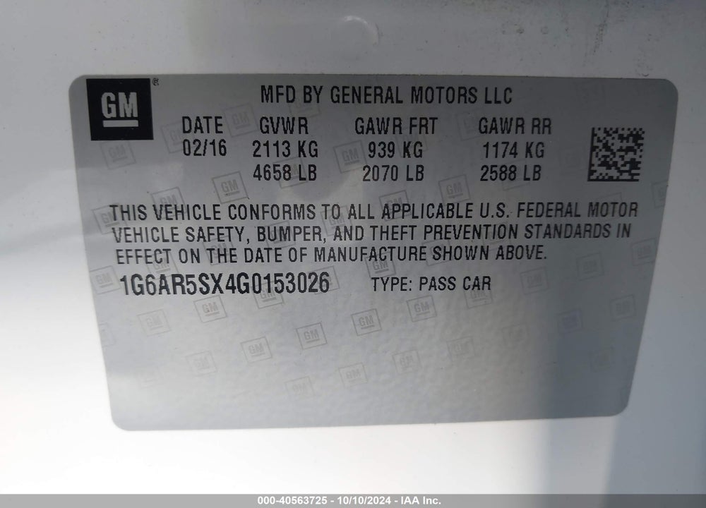 2016 CADILLAC CTS LUXURY COLLECTION VIN: 1G6AR5SX4G0153026