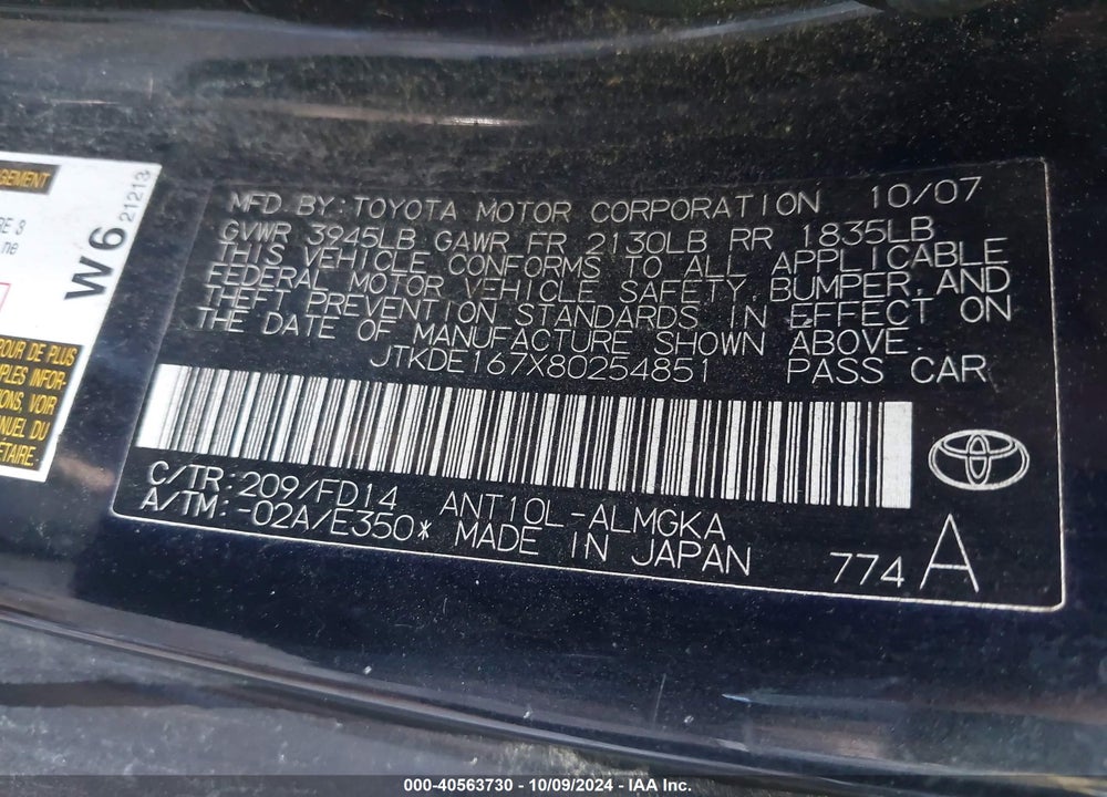 2008 SCION TC VIN: JTKDE167X80254851