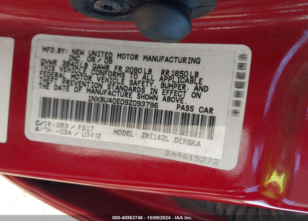 2009 TOYOTA COROLLA S VIN: 1NXBU40E09Z093796