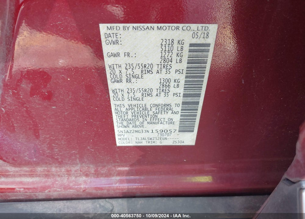 2018 NISSAN MURANO PLATINUM VIN: 5N1AZ2MG3JN159057