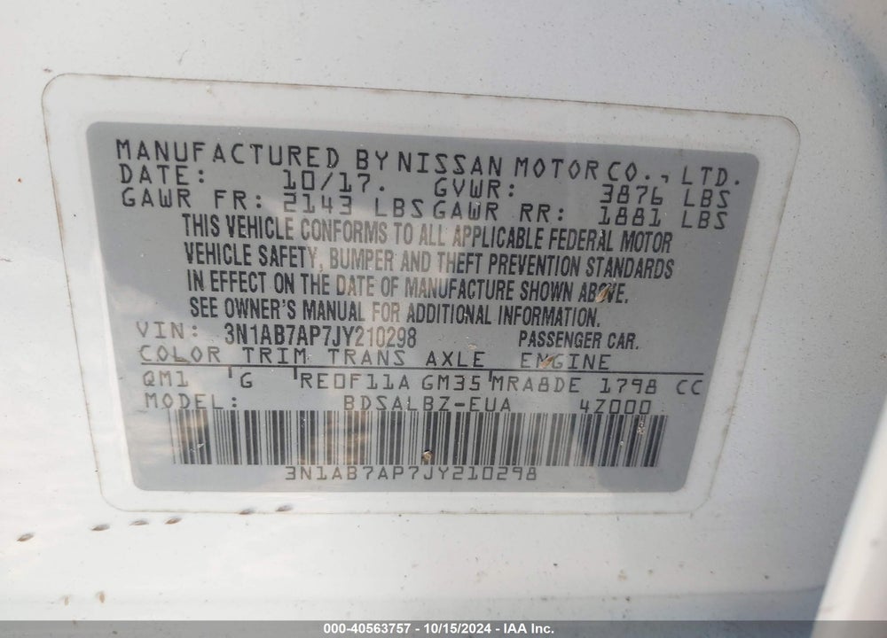 2018 NISSAN SENTRA S VIN: 3N1AB7AP7JY210298