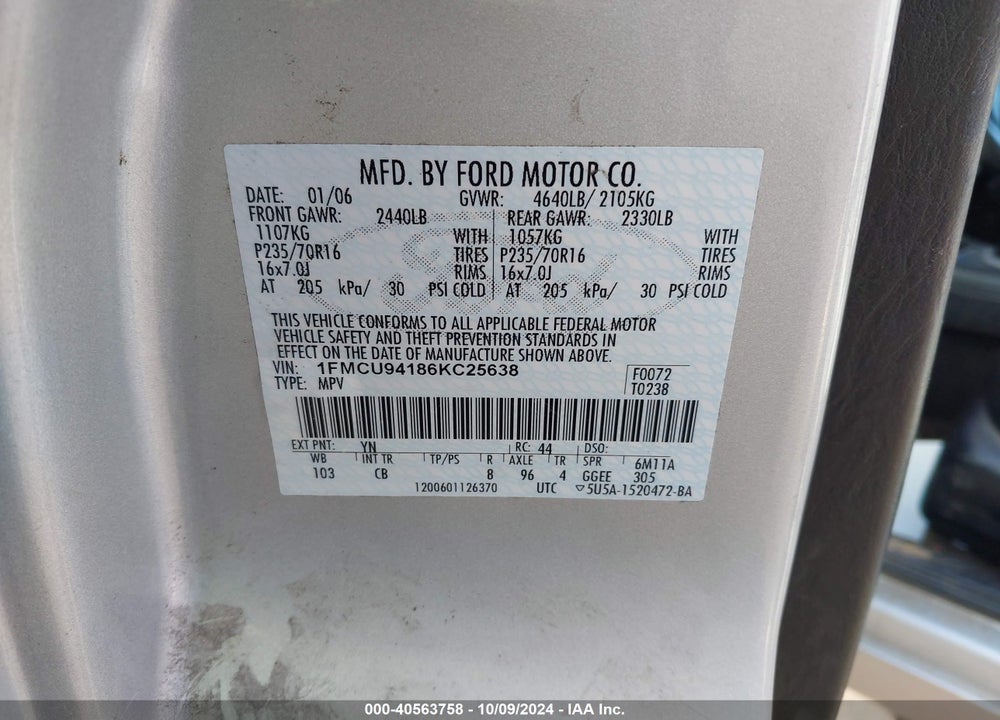 2006 FORD ESCAPE LIMITED VIN: 1FMCU94186KC25638