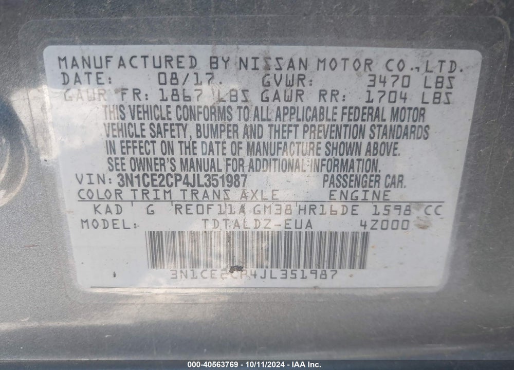 2018 NISSAN VERSA NOTE SV VIN: 3N1CE2CP4JL351987