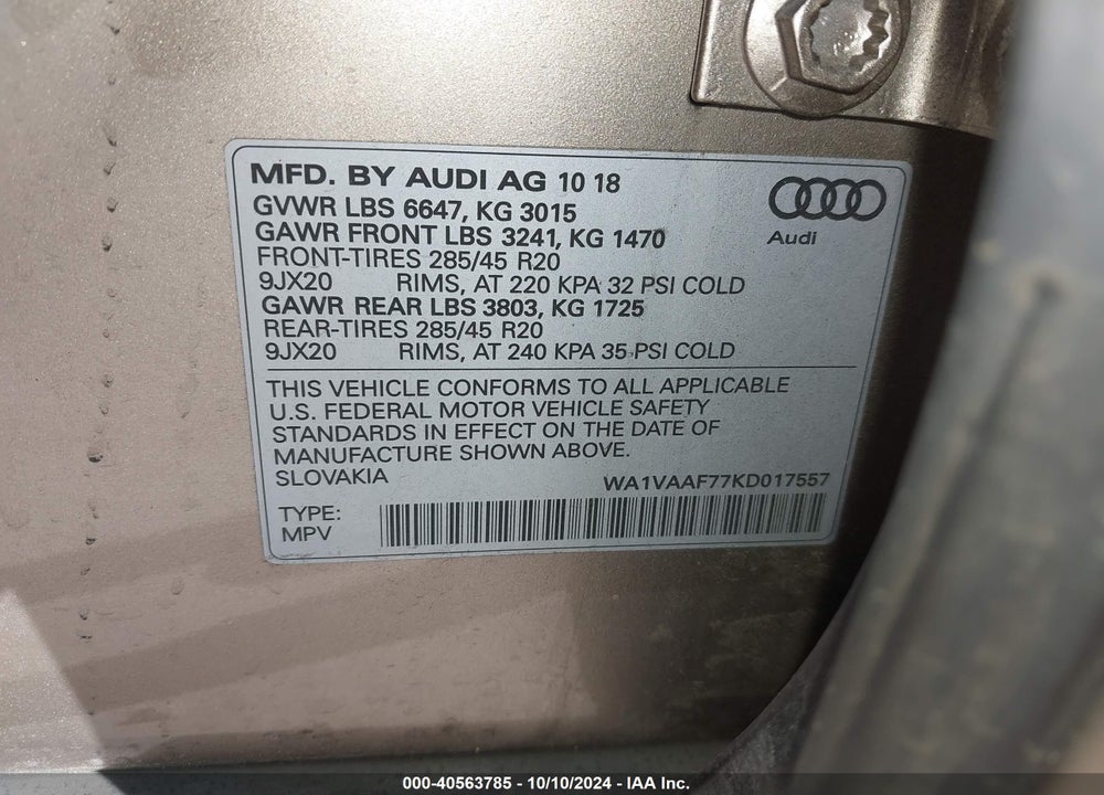 2019 AUDI Q7 55 PREMIUM VIN: WA1VAAF77KD017557