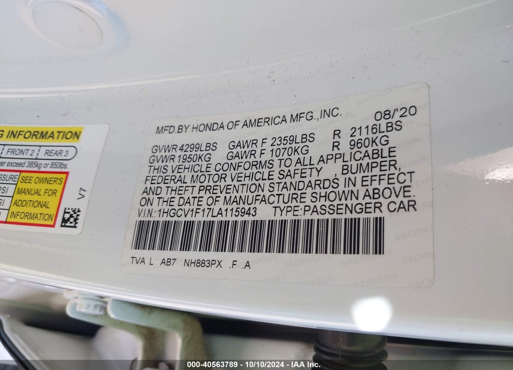 2020 HONDA ACCORD LX VIN: 1HGCV1F17LA115943