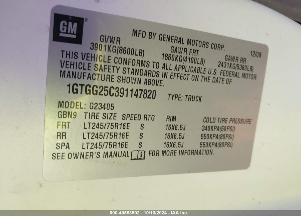 2009 GMC SAVANA 2500 WORK VAN VIN: 1GTGG25C391147820