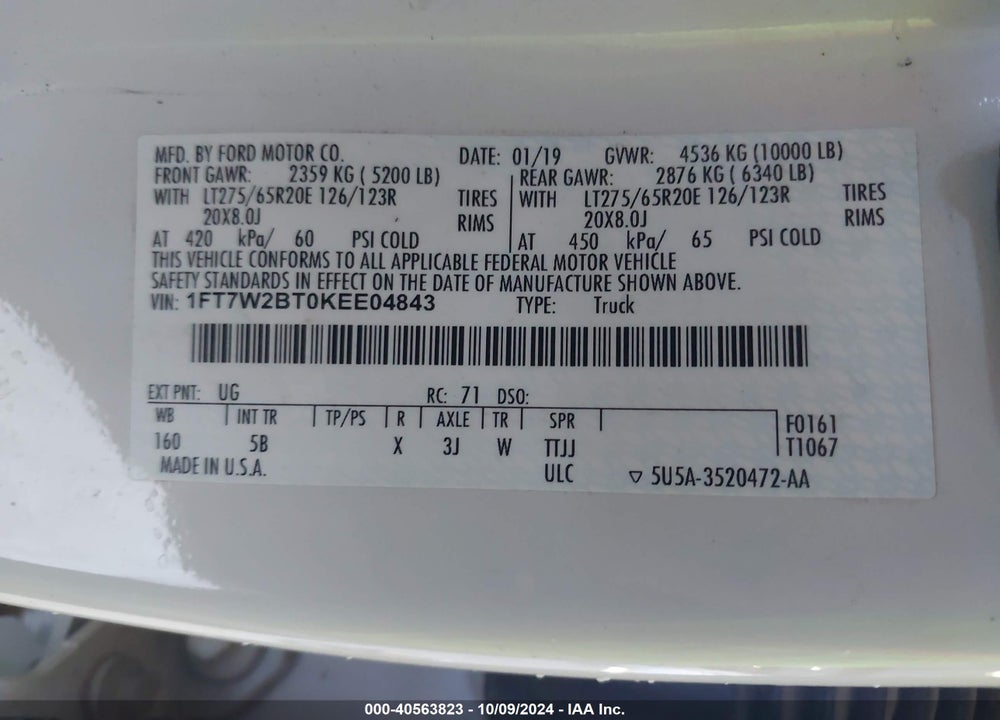 2019 FORD F-250 LARIAT VIN: 1FT7W2BT0KEE04843