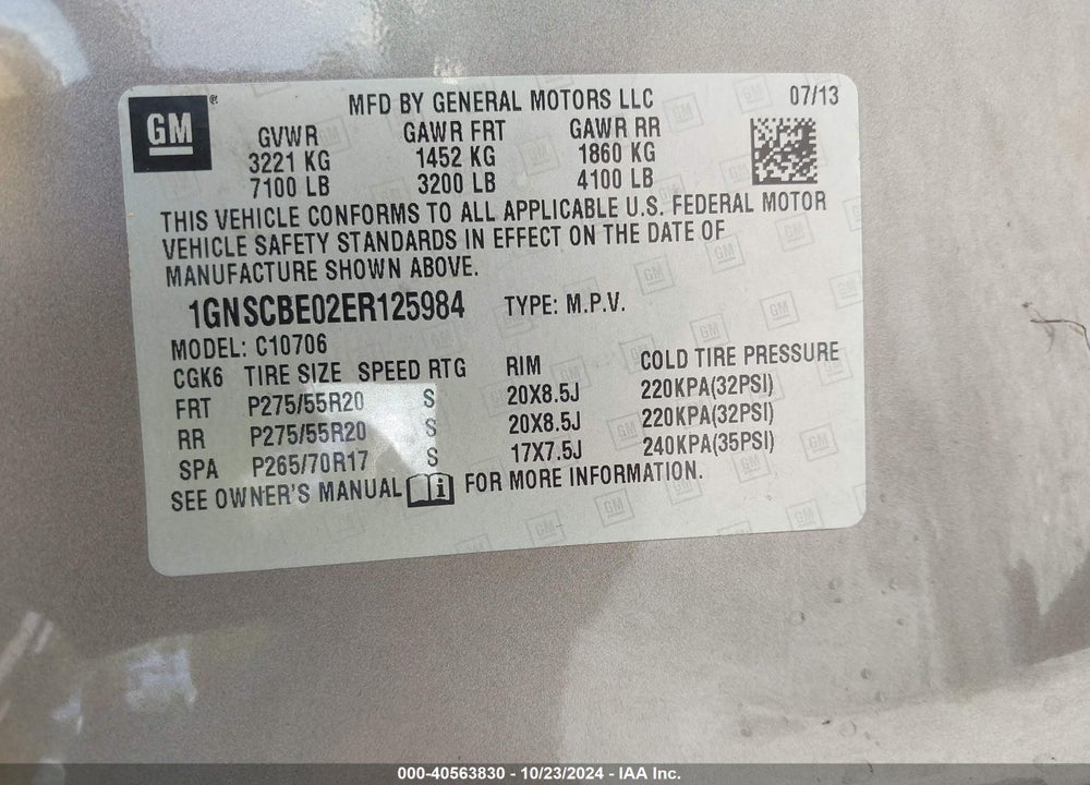 2014 CHEVROLET TAHOE LT VIN: 1GNSCBE02ER125984