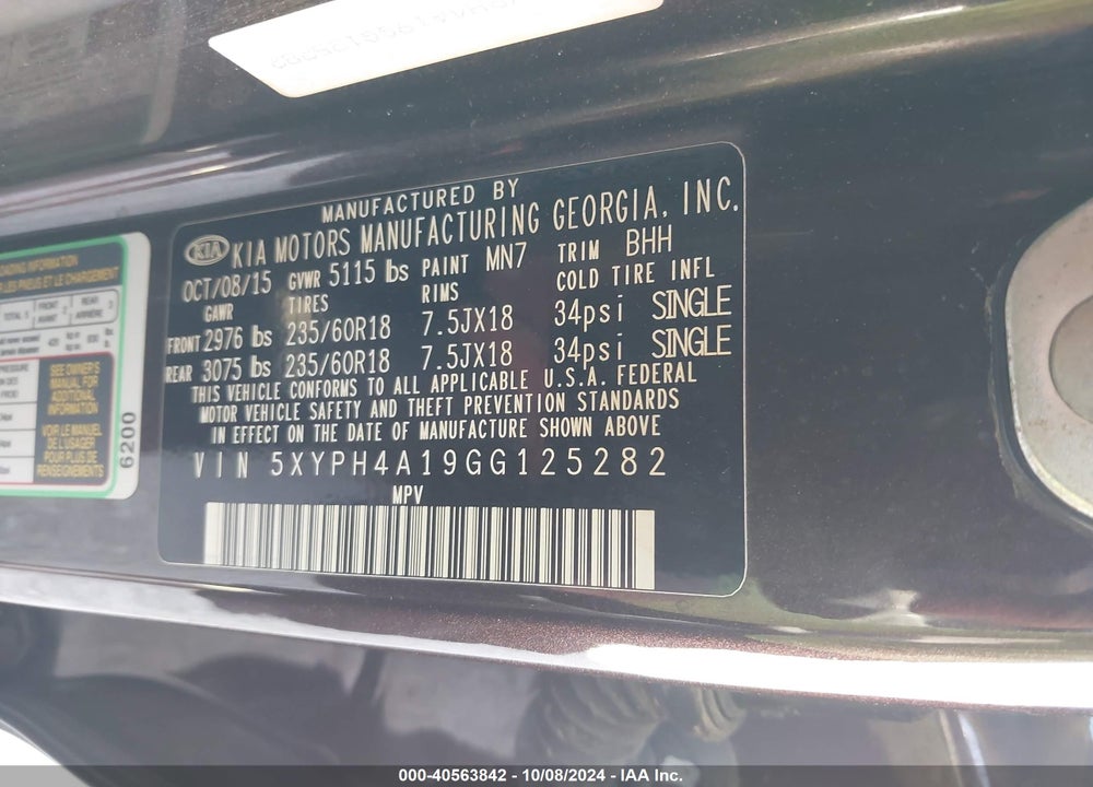2016 KIA SORENTO 2.0T EX VIN: 5XYPH4A19GG125282