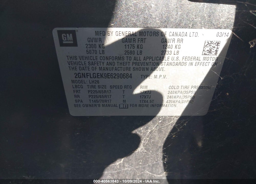 2014 CHEVROLET EQUINOX 2LT VIN: 2GNFLGEK9E6290684
