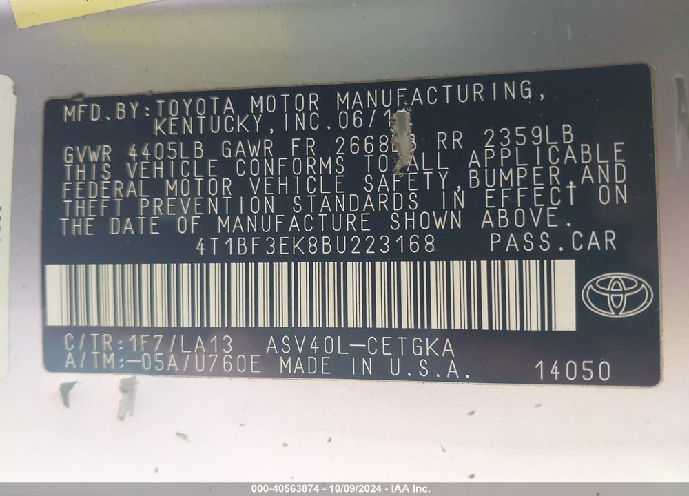 2011 TOYOTA CAMRY XLE VIN: 4T1BF3EK8BU223168