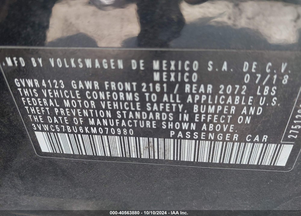 2019 VOLKSWAGEN JETTA 1.4T R-LINE/1.4T S/1.4T SE VIN: 3VWC57BU6KM070980