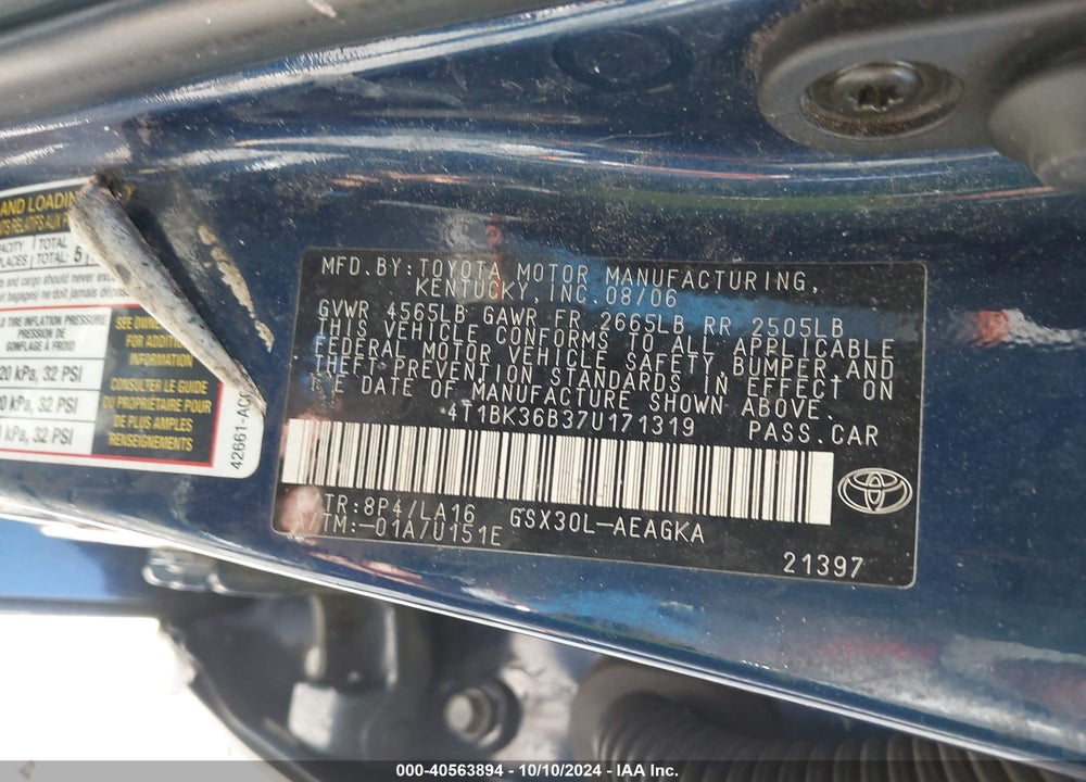 2007 TOYOTA AVALON XLS VIN: 4T1BK36B37U171319