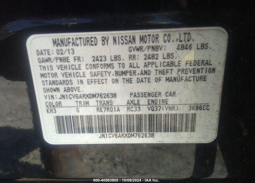 2013 INFINITI G37X VIN: JN1CV6ARXDM762638