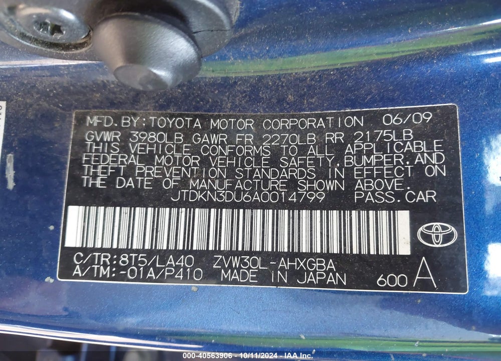 2010 TOYOTA PRIUS IV VIN: JTDKN3DU6A0014799