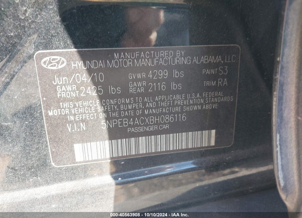 2011 HYUNDAI SONATA GLS VIN: 5NPEB4ACXBH086116