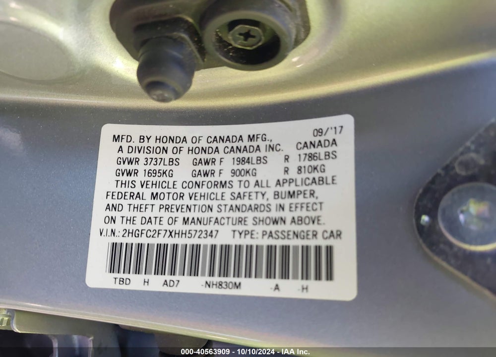 2017 HONDA CIVIC EX VIN: 2HGFC2F7XHH572347