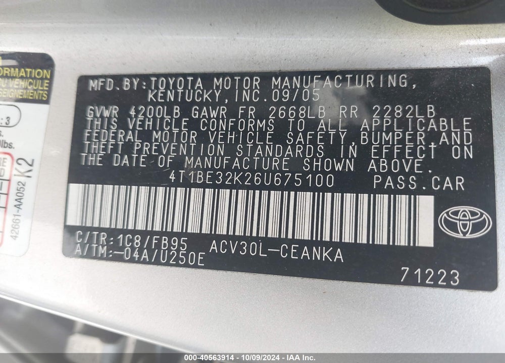 2006 TOYOTA CAMRY LE VIN: 4T1BE32K26U675100