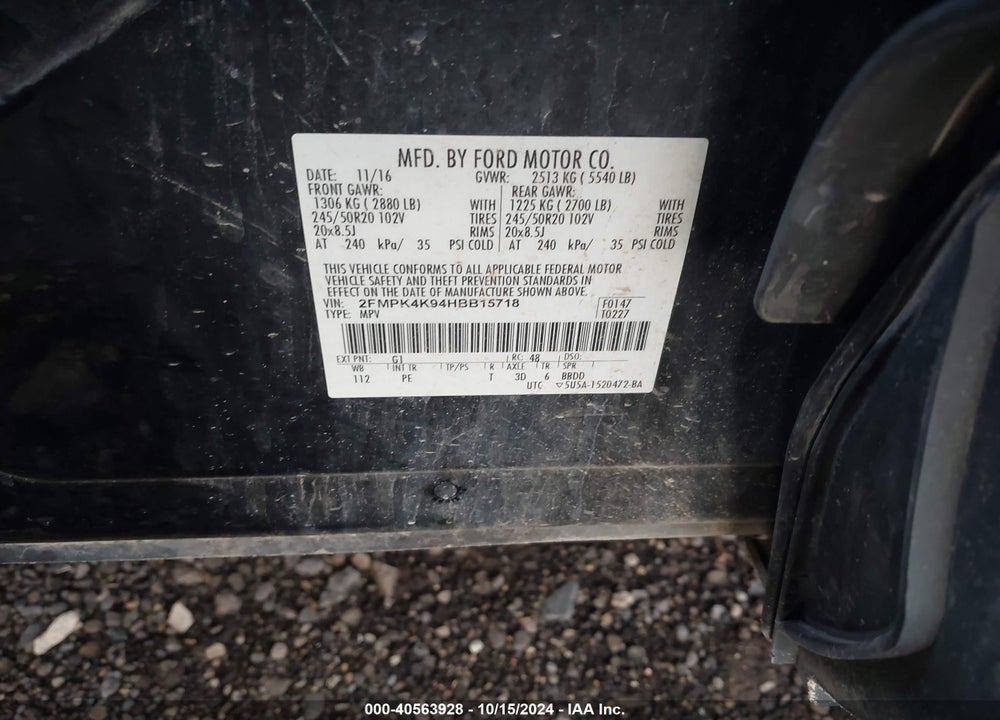 2017 FORD EDGE TITANIUM VIN: 2FMPK4K94HBB15718