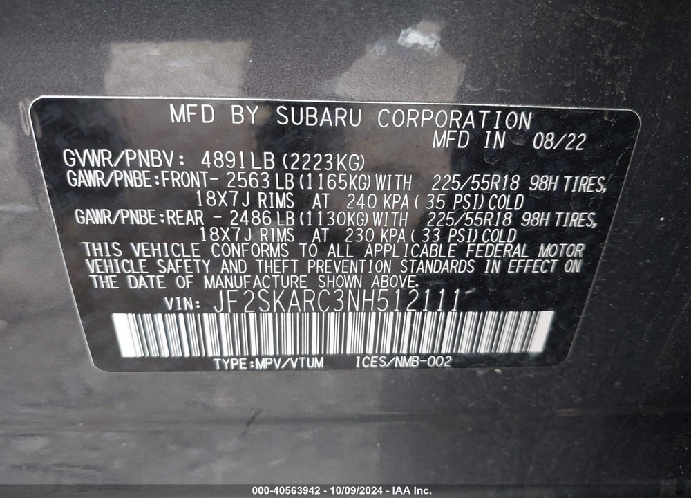 2022 SUBARU FORESTER TOURING VIN: JF2SKARC3NH512111
