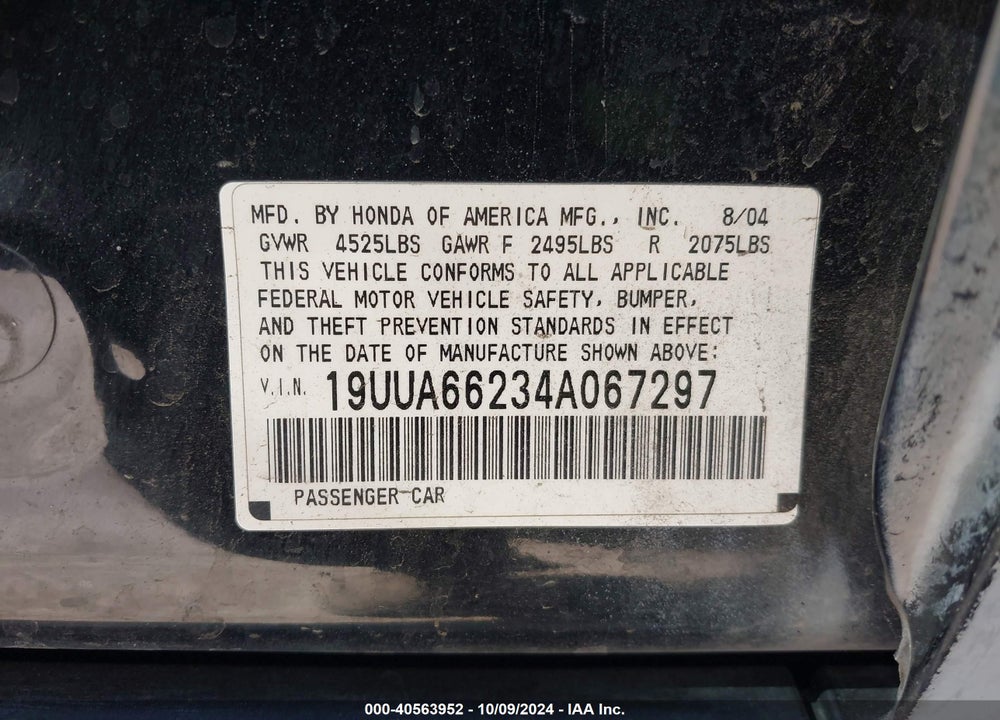 2004 ACURA TL BASE W/NAV SYSTEM (A5) VIN: 19UUA66234A067297