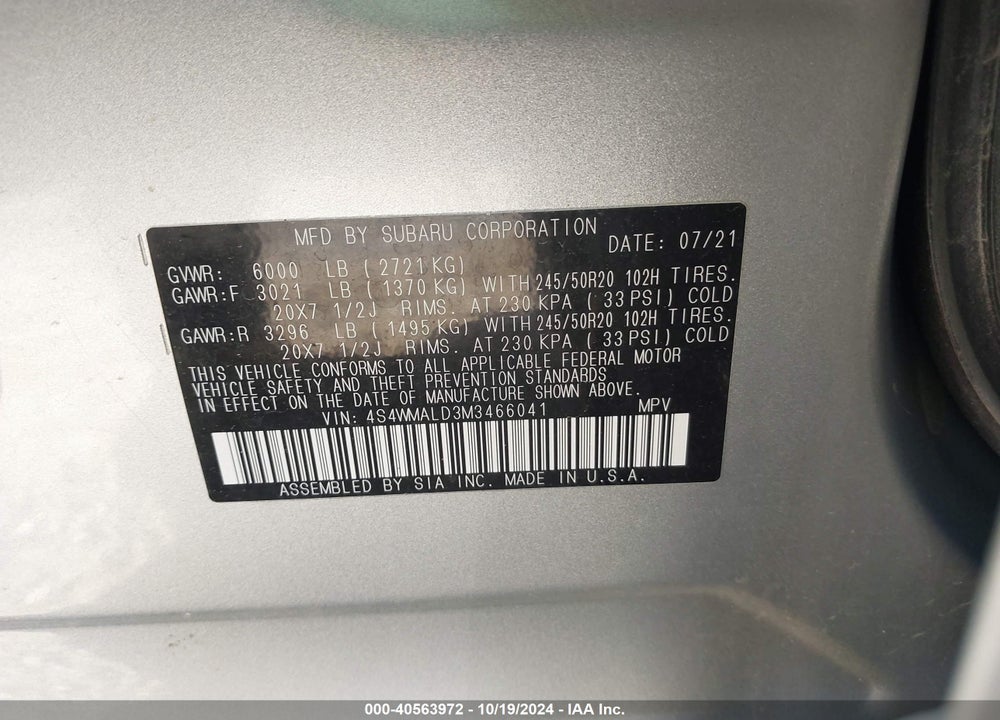 2021 SUBARU ASCENT VIN: 4S4WMALD3M3466041
