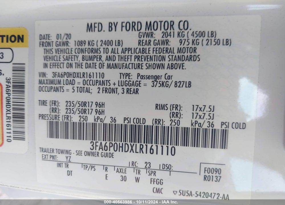 2020 FORD FUSION SE VIN: 3FA6P0HDXLR161110