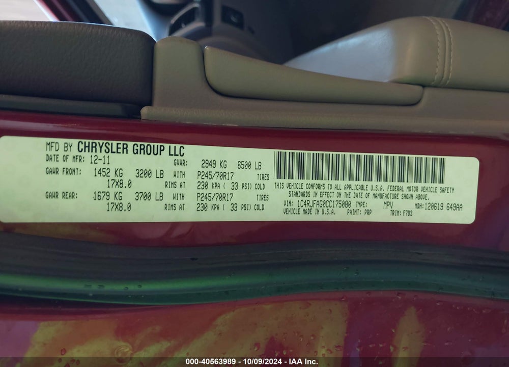 2012 JEEP GRAND CHEROKEE LAREDO VIN: 1C4RJFAG0CC175080