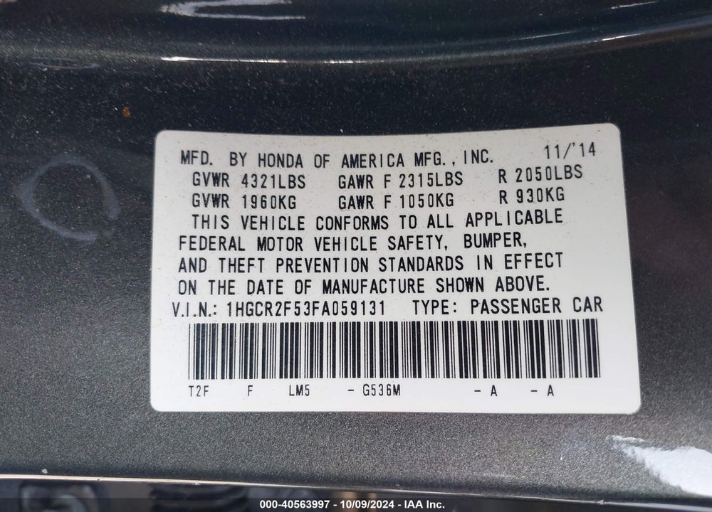 2015 HONDA ACCORD SPORT VIN: 1HGCR2F53FA059131