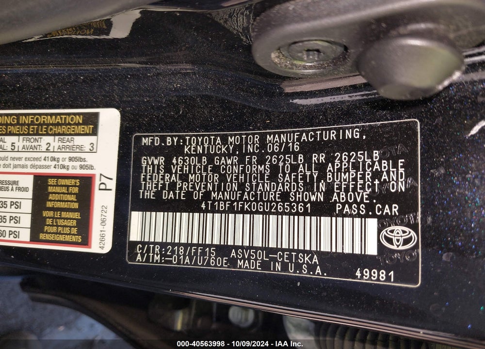 2016 TOYOTA CAMRY SE VIN: 4T1BF1FK0GU265361