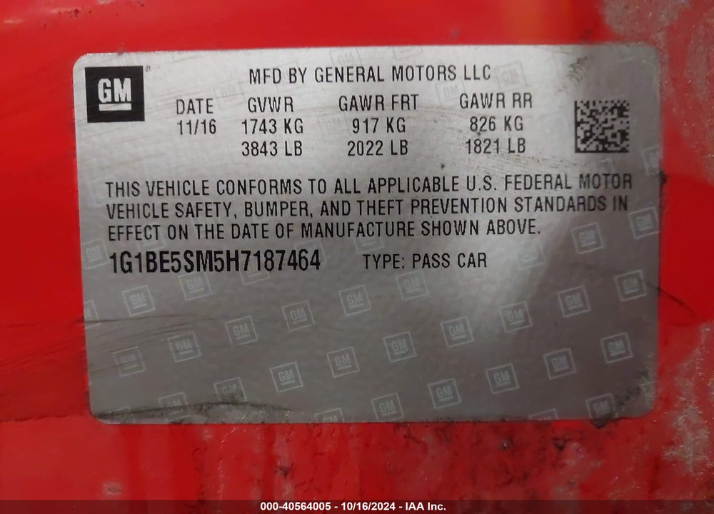 2017 CHEVROLET CRUZE LT AUTO VIN: 1G1BE5SM5H7187464