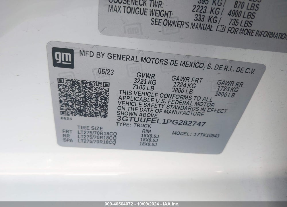 2023 GMC SIERRA 1500 4WD SHORT BOX AT4X VIN: 3GTUUFEL1PG282747