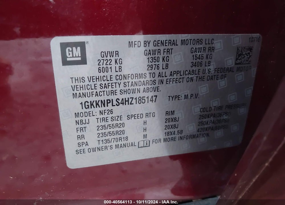 2017 GMC ACADIA DENALI VIN: 1GKKNPLS4HZ185147
