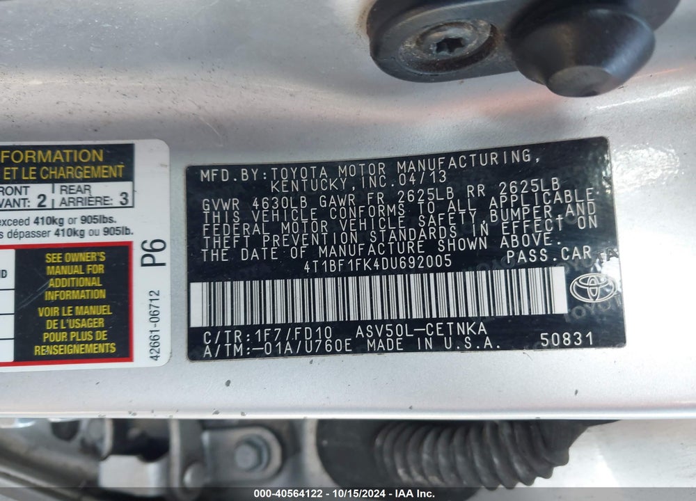 2013 TOYOTA CAMRY LE VIN: 4T1BF1FK4DU692005