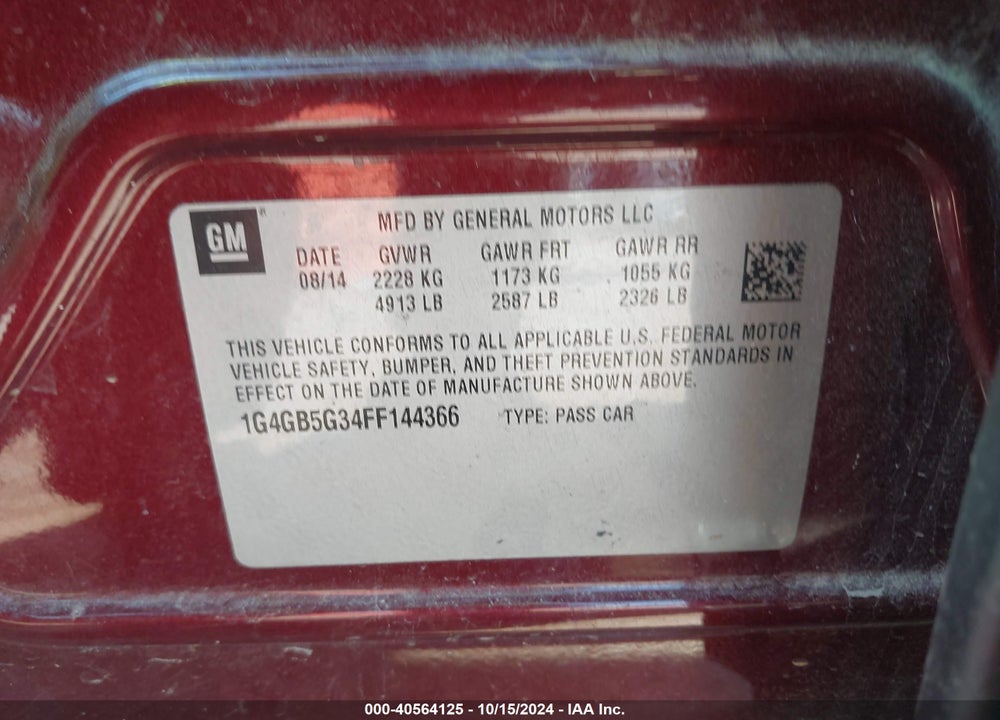 2015 BUICK LACROSSE LEATHER VIN: 1G4GB5G34FF144366