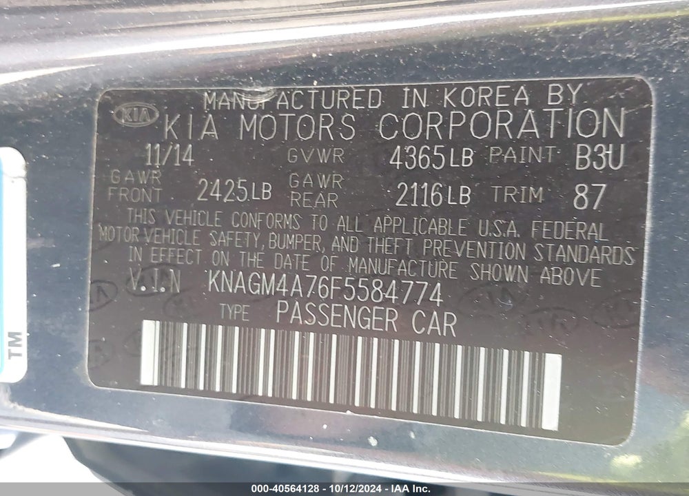 2015 KIA OPTIMA VIN: KNAGM4A76F5584774
